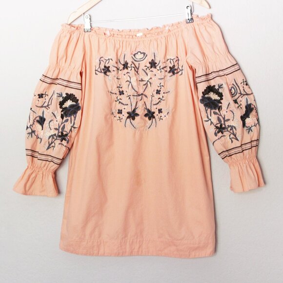 Free People Fleur Du Jour Off-The-Shoulder Pink Floral Embroidered Dress S $148 - Picture 5 of 15